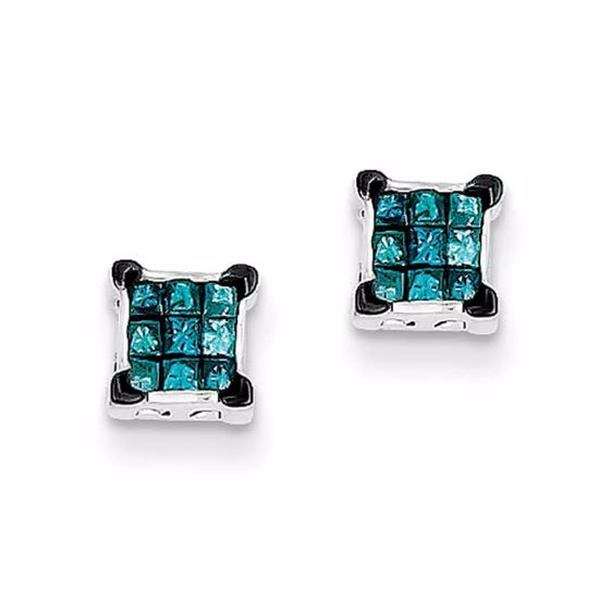 QE10763 White Night Sterling Silver Blue Princess Cut Diamond Post Earrings