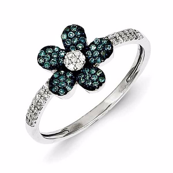 QR5271-7 White Night Sterling Silver Blue and White Diamond Flower Ring