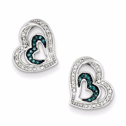 QE10714 White Night Sterling Silver Blue and White Diamond Heart Post Earrings
