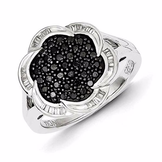 QR5422-7 White Night Sterling Silver Black Diamond Flower Ring