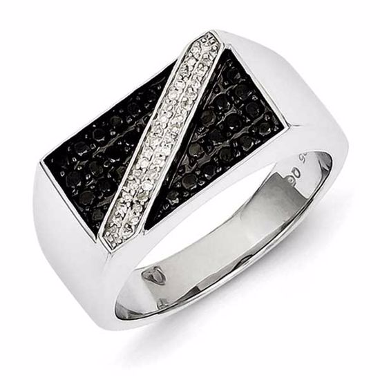 QR5487-10 White Night Sterling Silver Rhodium Plated Black and White Diamond Men's Ring