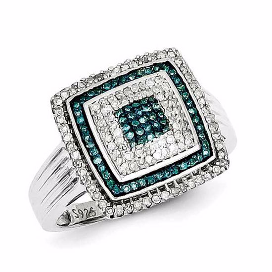 QR5218-7 White Night Sterling Silver Rhodium Plated Blue and White Diamond Square Ring