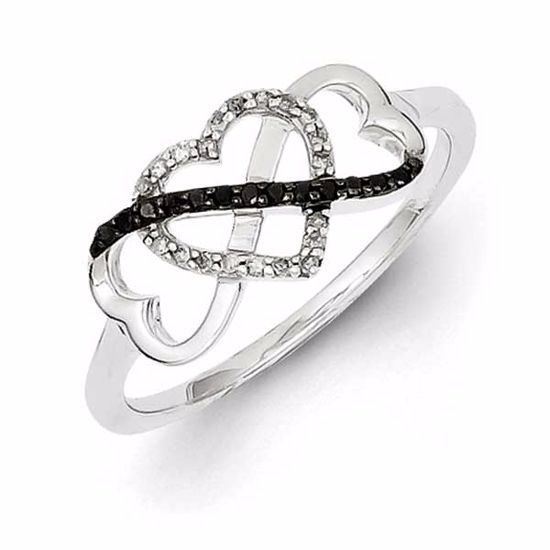 QR5354-6 White Night Sterling Silver Black and White Diamond Triple Heart Ring