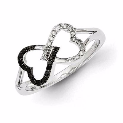 QR5351-6 White Night Sterling Silver Black and White Diamond Double Heart Ring