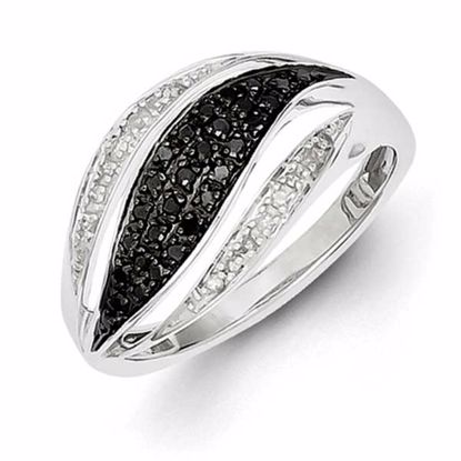 QR5439-7 White Night Sterling Silver Black and White Diamond Wave Ring