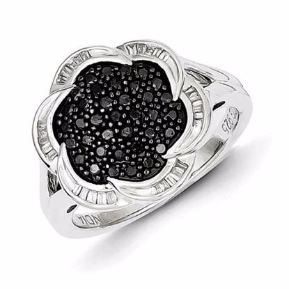 QR5422-8 White Night Sterling Silver Black Diamond Flower Ring