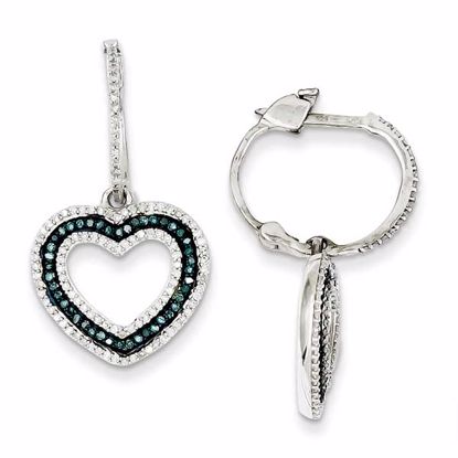 QE10726 Closeouts Sterling Silver Blue and White Diamond Heart Hinged Hoop Earrings