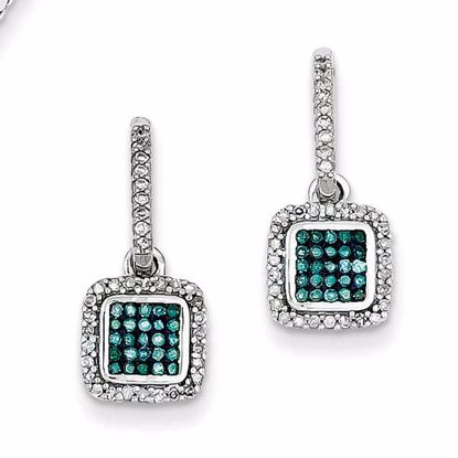 QE10767 White Night Sterling Silver with White/Blue Diamonds Square Post Dangle Earrings