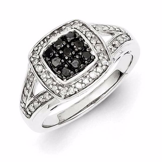 QR5399-6 White Night Sterling Silver Black Diamond Square Ring