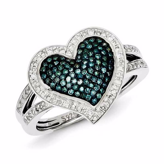 QR5168-6 White Night Sterling Silver Rhodium Plated Blue and White Diamond Heart Ring