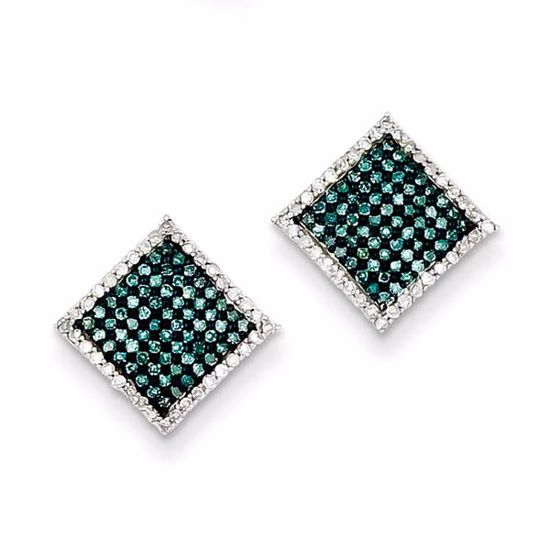 QE10780 White Night Sterling Silver Blue and White Diamond  Square Post Earrings