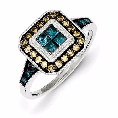 QR5154-7 White Night Sterling Silver Antiqued Square White, Champagne & Blue Diamond Ring