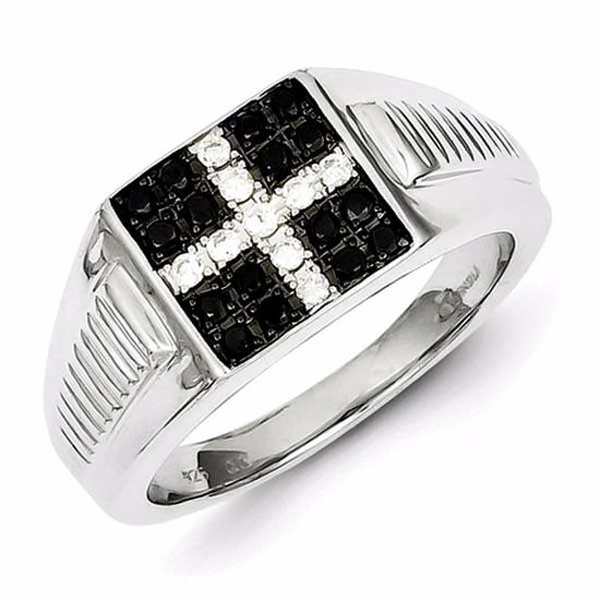 QR5493-10 Closeouts Sterling Silver Rhodium Plated Black and White Diamond Men's Ring