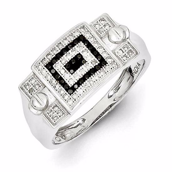 QR5585-10 White Night Sterling Silver Rhodium Plated Black and White Diamond Men's Ring