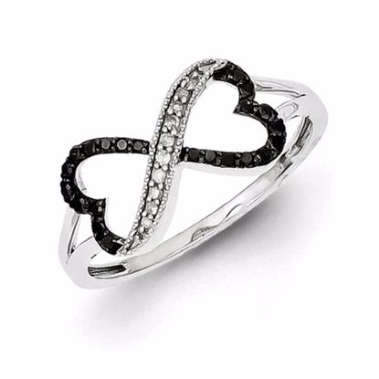 QR5352-7 White Night Sterling Silver Black and White Diamond Double Heart Ring