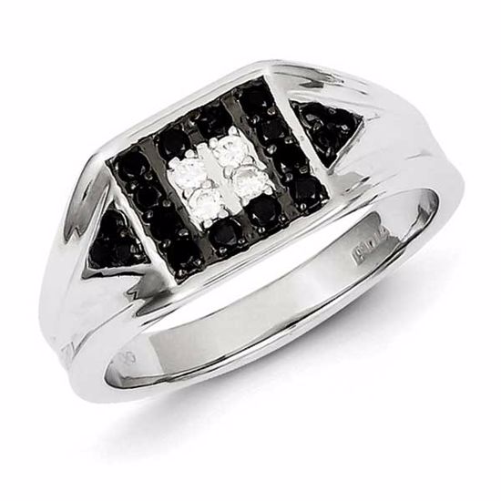 QR5480-11 Closeouts Sterling Silver Rhodium Plated Black and White Diamond Men's Ring