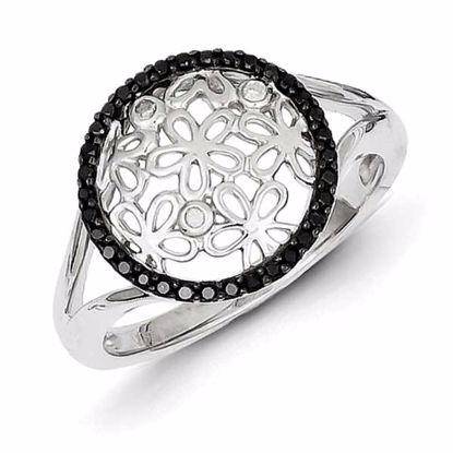 QR5420-7 Closeouts Sterling Silver Black & White Diamond Circle & Flower Ring