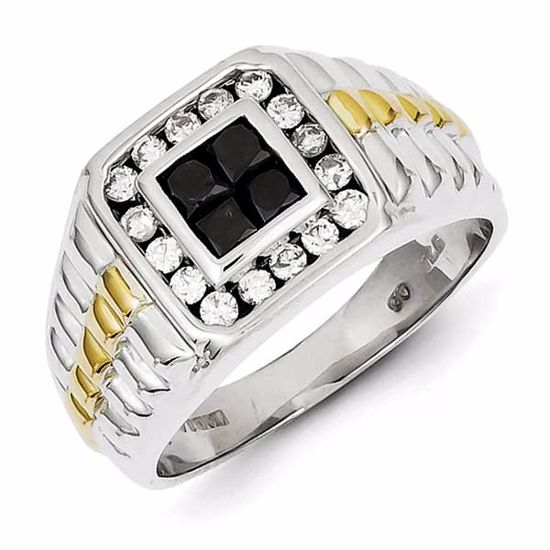 QR5563-11 White Night Sterling Silver and Gold Plated Black & White Diamond Square Men's Ring