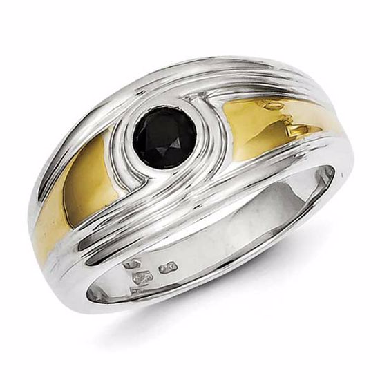 QR5566-11 White Night Sterling Silver w/ Gold Plating and Round Black Diamond Mens Ring