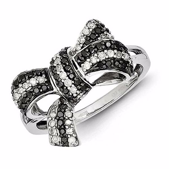 QR3233-6 White Night Sterling Silver Black and White Diamond Bow Ring