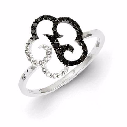 QR5447-7 White Night Sterling Silver Black and White Diamond Flower Ring