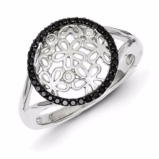 QR5420-6 White Night Sterling Silver Black & White Diamond Circle & Flower Ring