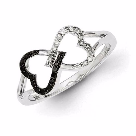 QR5351-8 White Night Sterling Silver Black and White Diamond Double Heart Ring