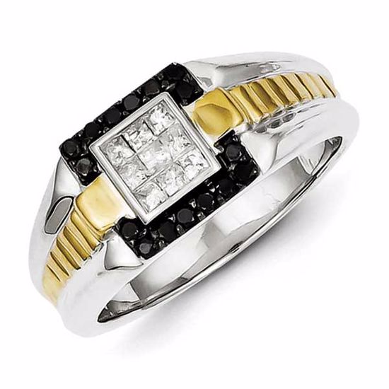 QR5574-10 White Night Sterling Silver and Gold Plated Black & White Diamond Men's Ring