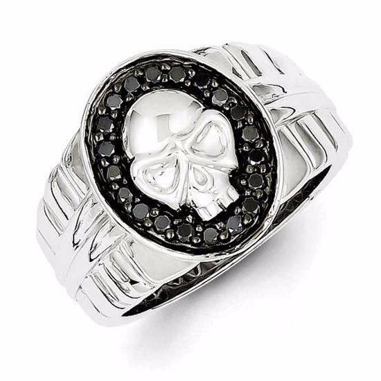 QR5590-10 White Night Sterling Silver Black Diamond Oval Skull Men's Ring