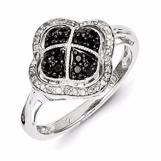 QR5414-7 White Night Sterling Silver Black & White Diamond Flower Ring