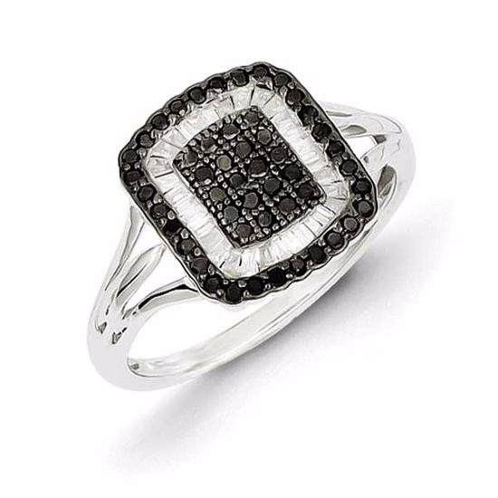 QR5411-7 White Night Sterling Silver Black and White Diamond Square Ring