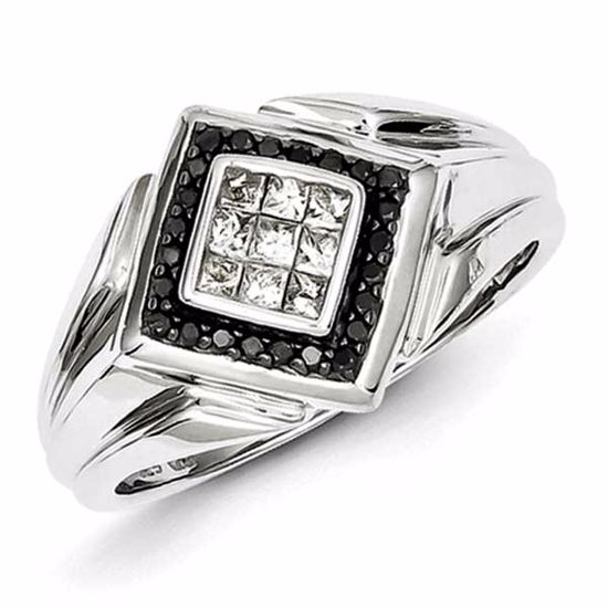 QR5471-10 Closeouts Sterling Silver Rhodium Plated Black and White Diamond Men's Ring