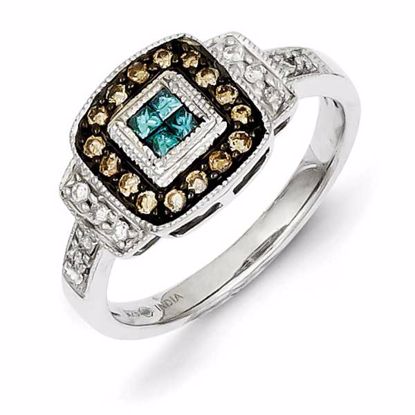 QR5160-6 White Night Sterling Silver Antiqued Square White, Champagne & Blue Diamond Ring