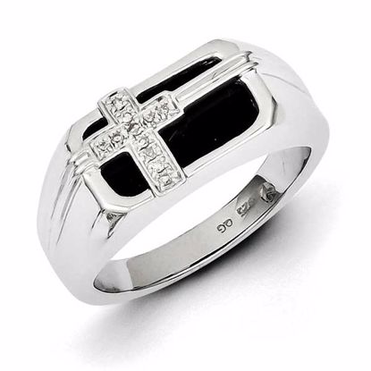 QR5552-10 Confirmation/Communion Sterling Silver Rhodium Plated Diamond Black Onyx Cross Men's Ring