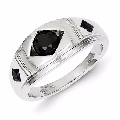 QR5525-10 White Night Sterling Silver Round Black Diamond Mens Ring