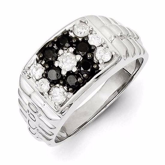 QR5579-10 White Night Sterling Silver Rhodium Plated Black and White Diamond Men's Ring