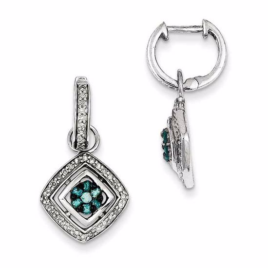 QE10813 White Night Sterling Silver White & Blue Diamond Huggie Dangle Earrings