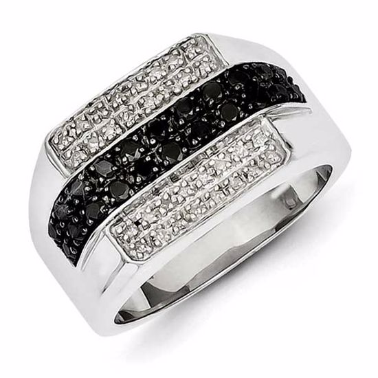 QR3244-10 White Night Sterling Silver Black and White Diamond Mens Ring