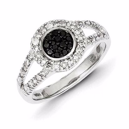 QR3309-7 White Night Sterling Silver Black and White Diamond Round Frame Ring