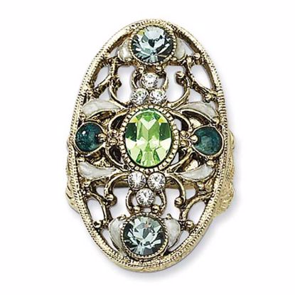 BF1059 1928 Brass-tone Green,Clear & Lt Blue Crystals,Green Beads Stretch Ring