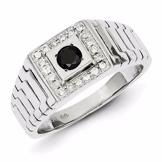 QR5528-11 White Night Sterling Silver Black and White Diamond Square Men's Ring