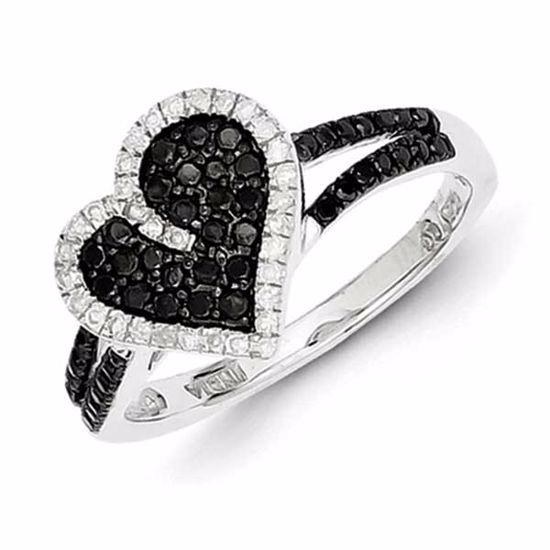 QR5342-6 White Night Sterling Silver Rhodium Plated Black & White Diamond Heart Ring