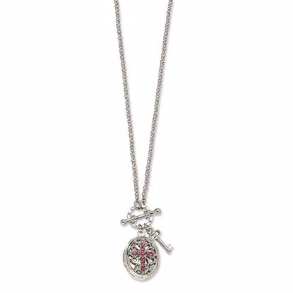 BF725 1928 Silver-tone Light Pink Crystal Cross Locket 24 Necklace