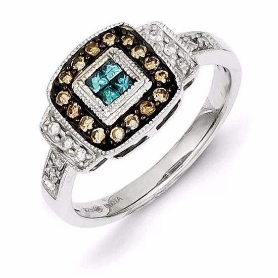 QR5160-8 White Night Sterling Silver Antiqued Square White, Champagne & Blue Diamond Ring