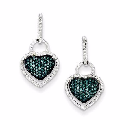 QE10727 Closeouts Sterling Silver Blue and White Diamond Heart Post Dangle Earrings