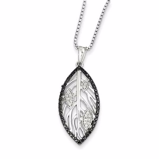 QP3827 Closeouts Sterling Silver Rhodium Plated Black & White Diamond Leaf Pendant