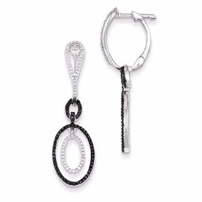 QE10843 White Night Sterling Silver Black and White Diamond Oval Hinged Hoop Earrings