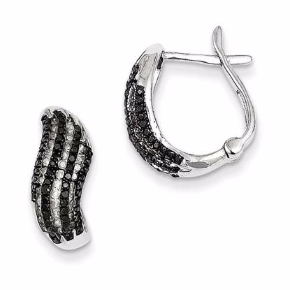 QE10899 White Night Sterling Silver Black and White Diamond Wave Hinged Hoop Earrings