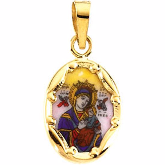 R16971:129597:P 14kt Yellow 13x10mm Our Lady of Perpetual Help Hand-Painted Porcelain 