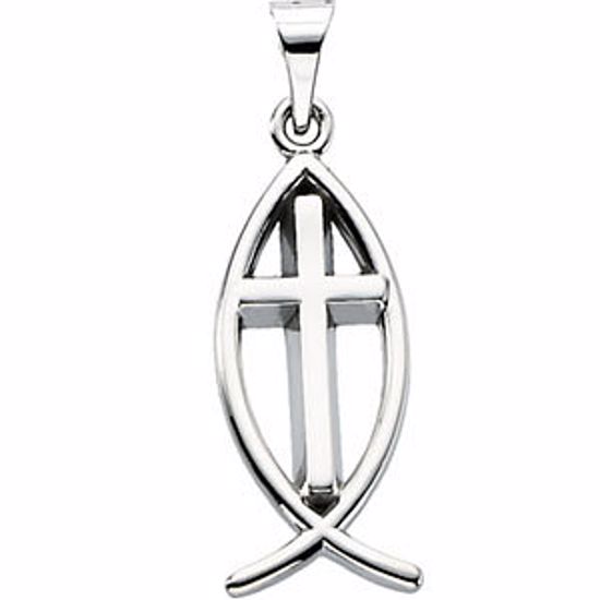 R5063:167098:P 14kt White 19x9mm Fish Pendant with Cross